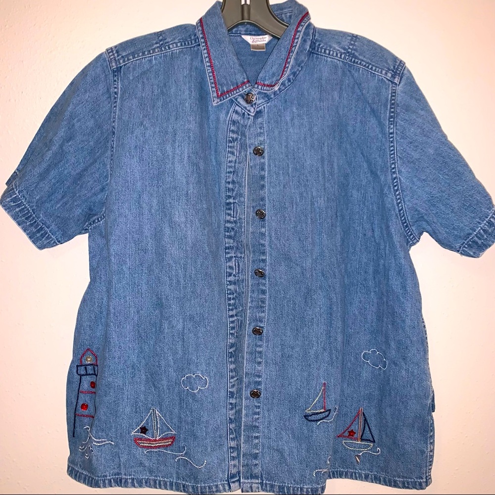 Christopher & Banks Large Cotton Denim Look Embroidered Nautical Theme Shirt - Picture 3 of 11